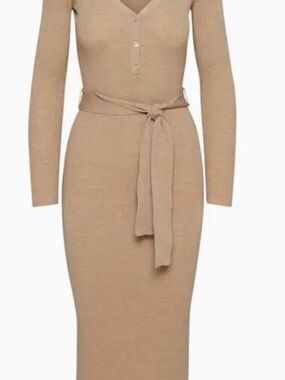 Babaton Camel Ribbed Long-Sleeve Tie-Waist Dress